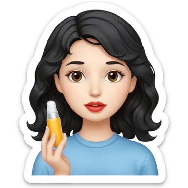 “Girl with light-black wavy hair, soft and flowing. She holds a lip balm just near her lips, about to apply it. The lip balm gives her lips a subtle glossy shine, making them look smooth, hydrated, and naturally pretty sticker