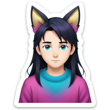 anime man with long-straight-dark-black hair, long black fox ears with pink Scapha, colorful-gradient-brown-turquoise eyes, gold earring, dark-blue-sweater, white pupils,  sticker