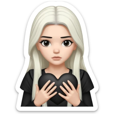 A Kendall Jenner with long white hair is sad and holds a black heart in her hands sticker