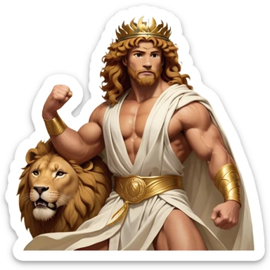 Cinematic Realistic Hercules Portrait, captured in a dramatic lion-wrestling pose that epitomizes raw, heroic strength. His light tan, athletic skin and thick, curly, golden brown hair are showcased as he grapples with a majestic lion, his refined face reminiscent of Michelangelo's David marked by noble determination. Draped in a flowing white robe with understated golden accents and crowned with a classic Greek laurel wreath, dynamic natural lighting accentuates every muscular contour and fierce, commanding expression, embodying the essence of ancient valor. sticker
