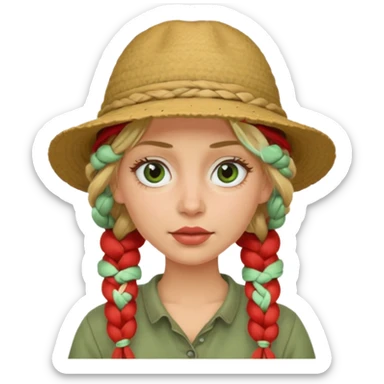 messy green clay mask and red tourist hat blond braided woman big eyes sticker