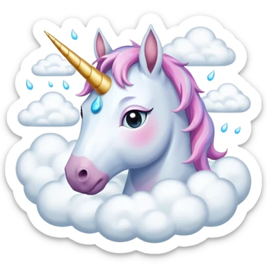 A unicorn flying through clouds, sad, cry tear from eyes, portrait, bust up sticker