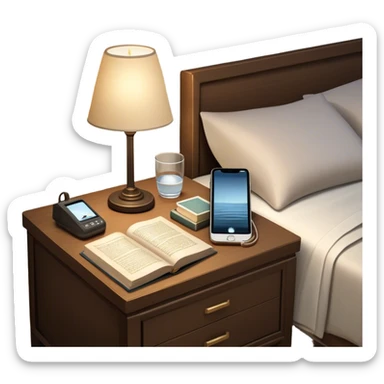 A dimly lit bedroom with a phone tucked away on a nightstand across the room. The bed is neatly made, and a glass of water sits beside a book on a cozy nightstand. Soft lighting signals a peaceful wind-down, representing the calm and control that comes from reclaiming your evenings. sticker