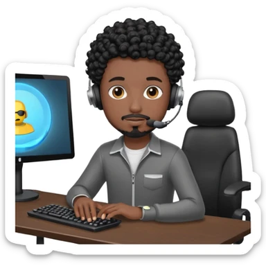 a setup of a youtuber his blach curly short hair, a thin goatee, with a desktop pc on a table, a gaming chair, microphone, ring light sticker