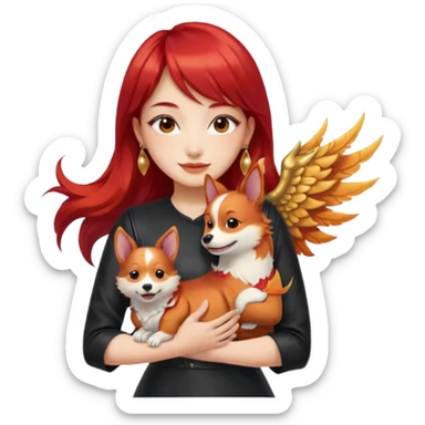 Asian girl with long hair and wispy bangs, black leather dress, gold earrings, subtle false lashes, 3/4 sleeve tattoo with phoenix and dragon on left arm, hugging joyful red head tri-color corgi sticker