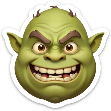 Cinematic Comical Ogre Portrait Emoji, with a strikingly exaggerated, bulky figure in vivid earthy greens and browns, head tilted in a dramatically surprised expression with wide, comically bulging eyes and a goofy, oversized grin, simplified yet hilariously exaggerated, highly detailed with a soft, cartoonish glowing outline capturing the playful absurdity of a meme-worthy ogre! sticker