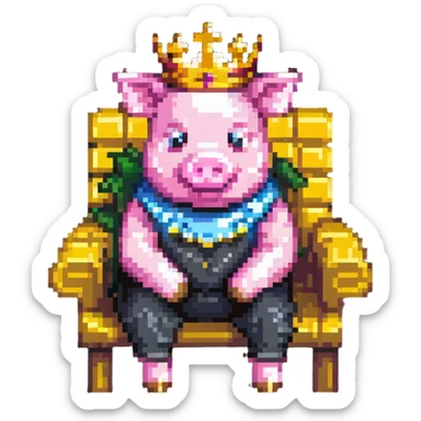 cartoon-like pixel art pig with a golden crown sitting on a throne, blocky and square like Minecraft, styled to look like LEGO Duplo blocks, chunky, colorful, simple sticker