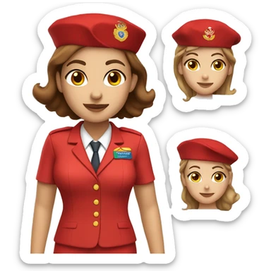 A white stewardess with brown hair in a red uniform and a red beret with brown eyes sticker