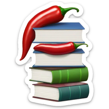 stack of books with a chili pepper sticker