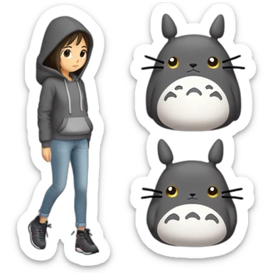 Fille Brune avec un sweat-capuche Totoro gris foncé avec les rond clair de Totoro sur ventre  sticker