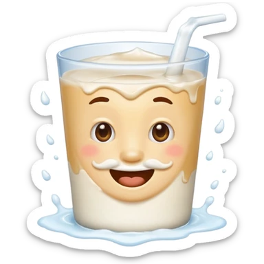 smiling face with milk mustache and splashes, cute and humorous, emoji style, suitable for emoji use sticker