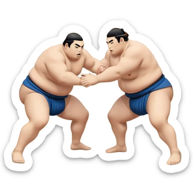 Two sumo wrestlers in a classic dohyo ring, each displaying powerful stances and ready to engage in a fierce match. One wrestler attempts a pushing attack, while the other counters with a thrust. The background shows the traditional sumo arena and spectators. Transparent background. sticker