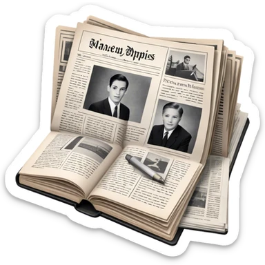 Icon for Non-Fiction & Narrative Reading: an open book with black-and-white photos on the pages, surrounded by a pile of newspaper clippings, and an open folder with top-secret documents. The icon should reflect the blend of real stories and facts in non-fiction literature. Transparent background. sticker