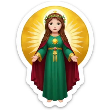 fullbody Virgin Mary back view long brown hair visible emerald green robe with gold stars burgundy red dress halo above head standing before a large sun roses on the sides sticker