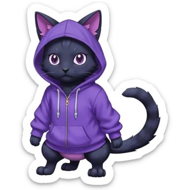 Black cat-garurumon-purloin-feline-Fakemon-Digimon-creature wearing a violet hoodie fursona (full body)  sticker