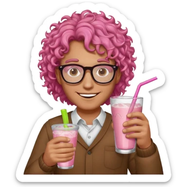 pink curly haired drink holder man with glasses  sticker