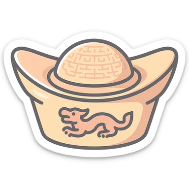 Create an elegant Chinese gold ingot (yuanbao) in icon-color-outlined style with shadows and highlights, thin clean contours, soft rounded shapes. Use a pastel palette: #98B5BC, #B5B3C1, #C9A3C9, #E4C0CA, #F7DCD1, #F7C0AA. Modern Japanese pop-art and sticker aesthetics, high detail, vector sharpness, soft lighting, transparent background. Shape and decoration as in the reference. sticker