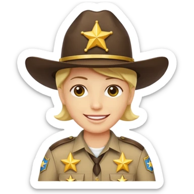 Generate me a yellow-skinned person from Apple's emoji, and make him wear a realistic sheriff's uniform from the United States, but please only add two stars to the uniform, one on the hat and the other on the shirt. sticker