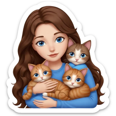 girl with long wavy brown hair, blue eyes, long lashes makeup, cuddling with 6 cats sticker