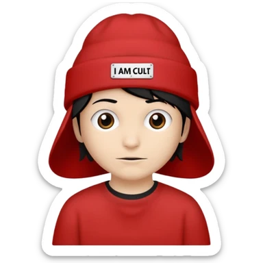Red hat that says "I AM IN A CULT" in white text sticker