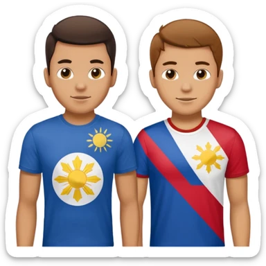 2 male Best buds , one in showing Philipines flag tshirt, one is showing Spanish flag in tshirt sticker