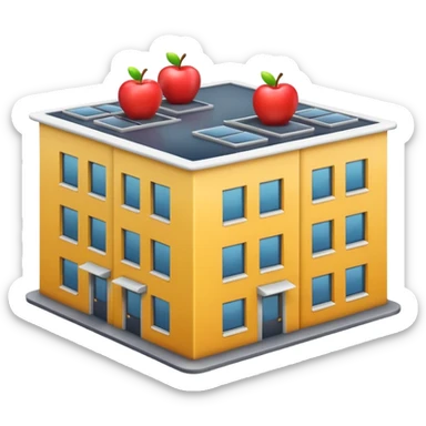 3D emoji-style icon of a small office building, showing people at desks through windows, Apple iOS style, soft lighting, glossy finish, white background sticker
