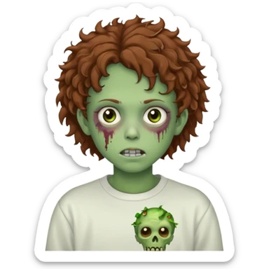  green teen zombie with brown curly hair and brown eyes wearing a white sweat sticker