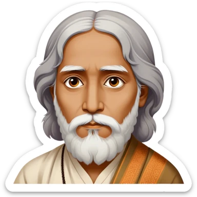 Rabindranath Tagore – Cinematic Realistic Portrait of Rabindranath Tagore, depicted with thoughtful, soulful eyes and gentle features, dressed in traditional Bengali attire with subtle artistic motifs, bathed in warm, soft lighting that evokes his poetic genius and timeless wisdom. sticker