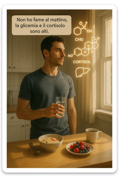 A realistic, cinematic illustration of a man in his early 30s with a lean, healthy build, standing calmly in a bright, minimal kitchen in the early morning. On the kitchen table, there is a prepared but untouched healthy breakfast (oatmeal, fruit, coffee). The man, with a neutral and focused expression, holds a glass of water while looking out of the window where morning sunlight enters. Above him, subtle glowing medical icons display: a glucose molecule, a cortisol hormone symbol, and a liver icon, indicating high morning blood sugar and cortisol levels. A small speech bubble or text overlay says: ‘Non ho fame al mattino, la glicemia e il cortisolo sono alti.’ The scene conveys a sense of calm, clarity, and body awareness, showing that the man consciously avoids breakfast due to physiological signals rather than restrizione. The style is realistic, warm, with a slight film grain, emphasizing health and conscious self-regulation. sticker