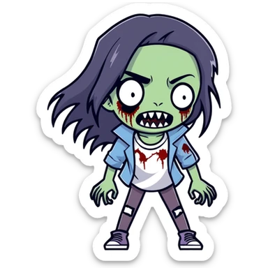 girl zombie with black long hair with teeth and serious face sticker