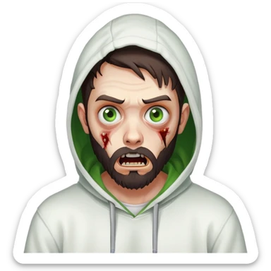 zombie with shocked expression, undercut hairstyle with dark brown hair, short full beard, heterochromia with one green eye and one brown eye, wearing plain white hoodie sticker