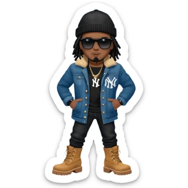 African American man with shoulder length black dreadlocks with black bead wearing black sunglasses with wearing denim skinny jeans wearing black bubble winter coat wearing black New York Yankees baseball hat and wheat timberland boots with arms folded sticker