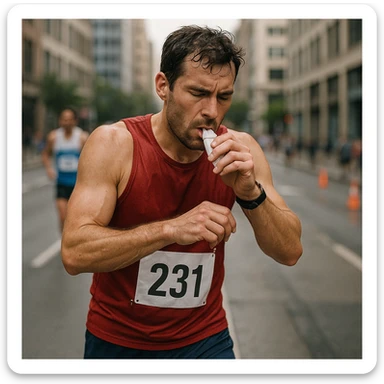 realistic 4K quality image of a runner during a race stopping briefly to take a sugar packet, expression of fatigue and concentration, urban environment sticker