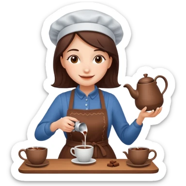 A cheerful woman wearing a winter apron, pouring cocoa from a kettle into tiny cups.
 sticker