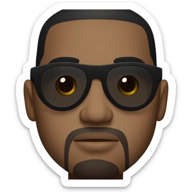 Kanye West has a round face with a prominent jawline. His skin is brown, and he has short black hair. He often wears stylish, oversized sunglasses. sticker