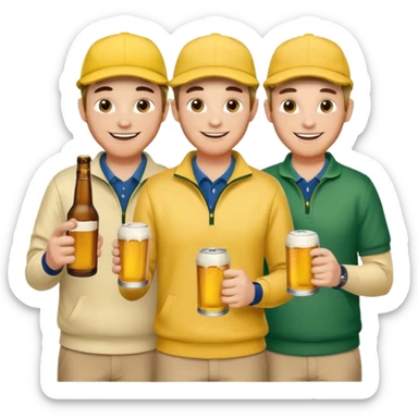 16 men on a golf trip wearing yellow golf caps all holding a beer can with a Xmas style label. Has to be 16 of them. sticker
