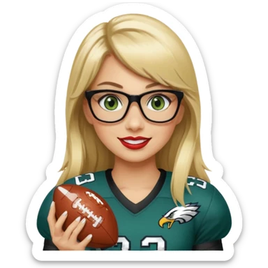 full length women wearing eagles uniform, long blonde hair, styled bangs, green eyes, black glasses, holding football, number 33, smiling, lipstick sticker