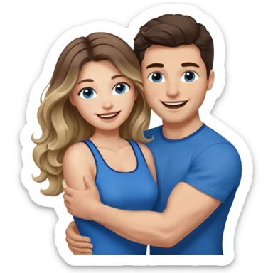 Women with blue eyes and very long, brown blond balayage curled hair in the arms of a man with strong arms a straight face, a very sexy man blue eyes. They are laughing at each other. He has dark brown hair: A fade haircut down to skin and is light skinned  sticker