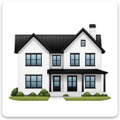 modern farmhouse with white siding, black roof and black trim, exterior view sticker