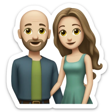 A couple are dancing, both are white, she has long brown hair and green eyes, he is bald, with a beard and blue eyes sticker