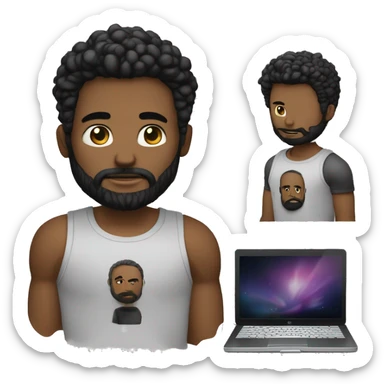 Emojy d'un homme, avec l'ordinateur portable devant, style Apple, moderne, une légère barbe bien taillée, des cheveux chauves, un t-shirt Marvel noir, un ordinateur à la main sticker