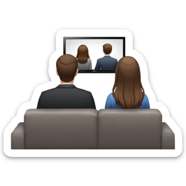 A man and a women long hir  photographed from behind, sitting on a sofa and watching the news on TV on a modern flat screen. The setting is a living room. sticker