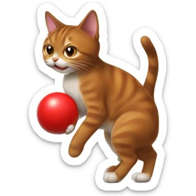a brown cat with a white chest plays with a red ball sticker