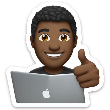 Design an iOS-style Memoji of a dark-skinned software engineer with a big smile. The Memoji should be slightly turned, giving a thumbs-up with the right hand and holding a Dell Precision 5680 laptop with the left hand. It should wear a beige hat sticker