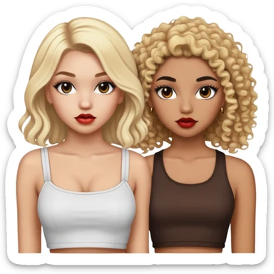 Two teenage girls together, one white with straight blonde hair and one brown-skinned with curly dark hair, both with heavy makeup, big lips, crop tops and choni style clothing sticker