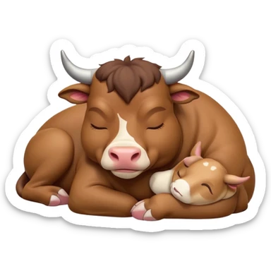 meme-worthy-cute-sleeping-domestic-bull-portrait-emoji,-head-resting-peacefully-with-a-contented-smile,-showcasing-a-robust,-muscular-build-and-a-luxuriously-soft-coat,-eyes-gently-closed-in-serene,-restful-slumber,-simplified,-solid-brown sticker