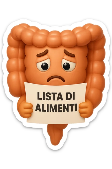 EMOJI STILE IPHONE DI UN INTESTINO CHE LEGGE UN FOGLIO CON LA SCRITTA "lista di alimenti" ed espressione triste in volto, IPERREALISTICO 4K sticker