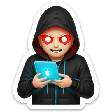 Black-hooded neon hacker emoji, red and cyan glow only, slamming glowing text “FTHESCAMMERS” with impact flash, aggressive anti-scam vibe, smooth 2-second loop, transparent background, Discord sticker style, no new colors. sticker