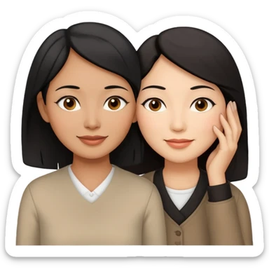 Middle aged brown woman with black hair, beside a middle aged asian woman with dark brown hair touching their cheek sticker