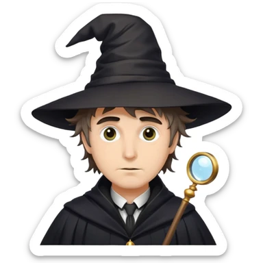 a black chaired man with messy hair wearing a  wizard hat, robe (both black) and a monocle on his right eye sticker